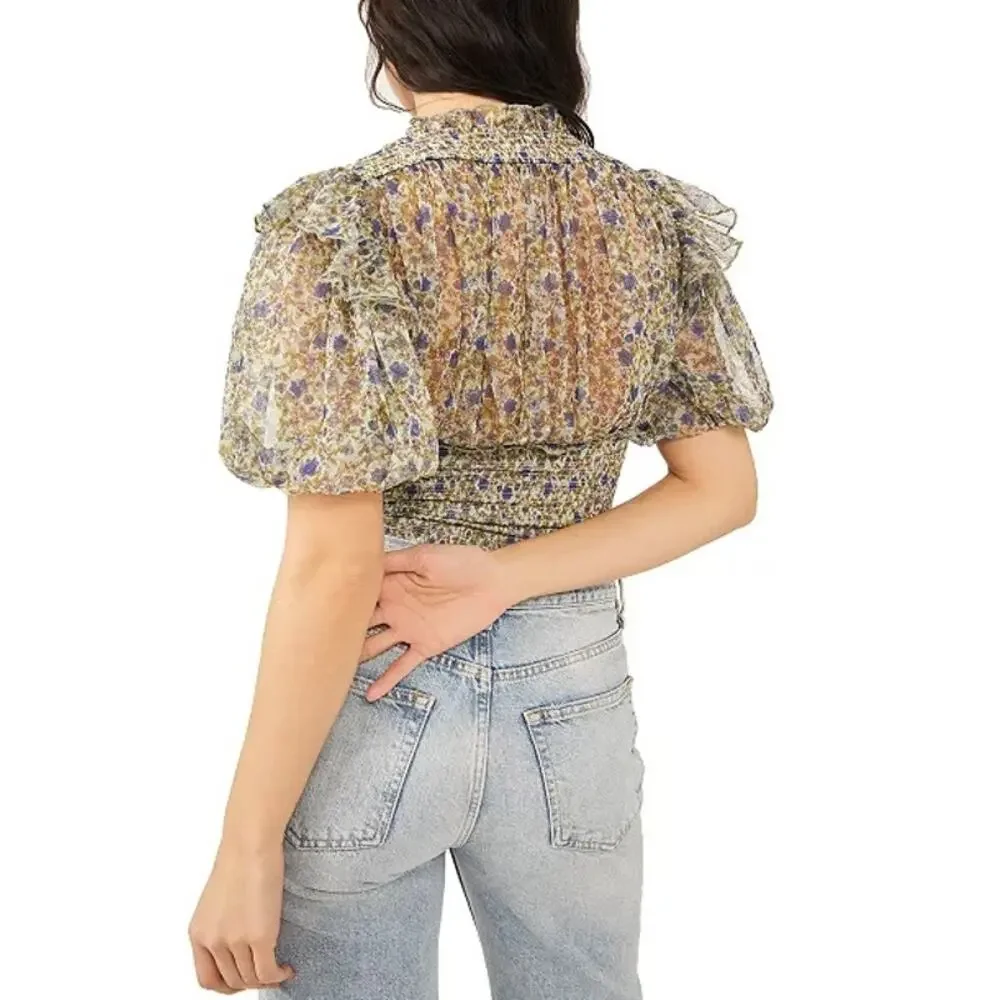Free People SZ Small Beatrice Floral-Print Smocked Puff Sleeve Peasant Top green